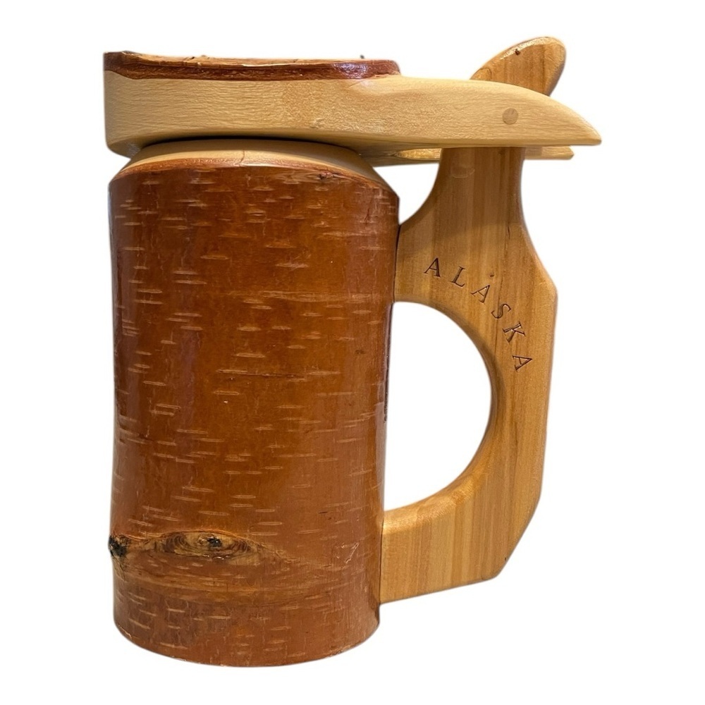 Master’s Touch Alaska Wooden Beer Stein Mug with Lid Rustic Cabin Lodge Decor